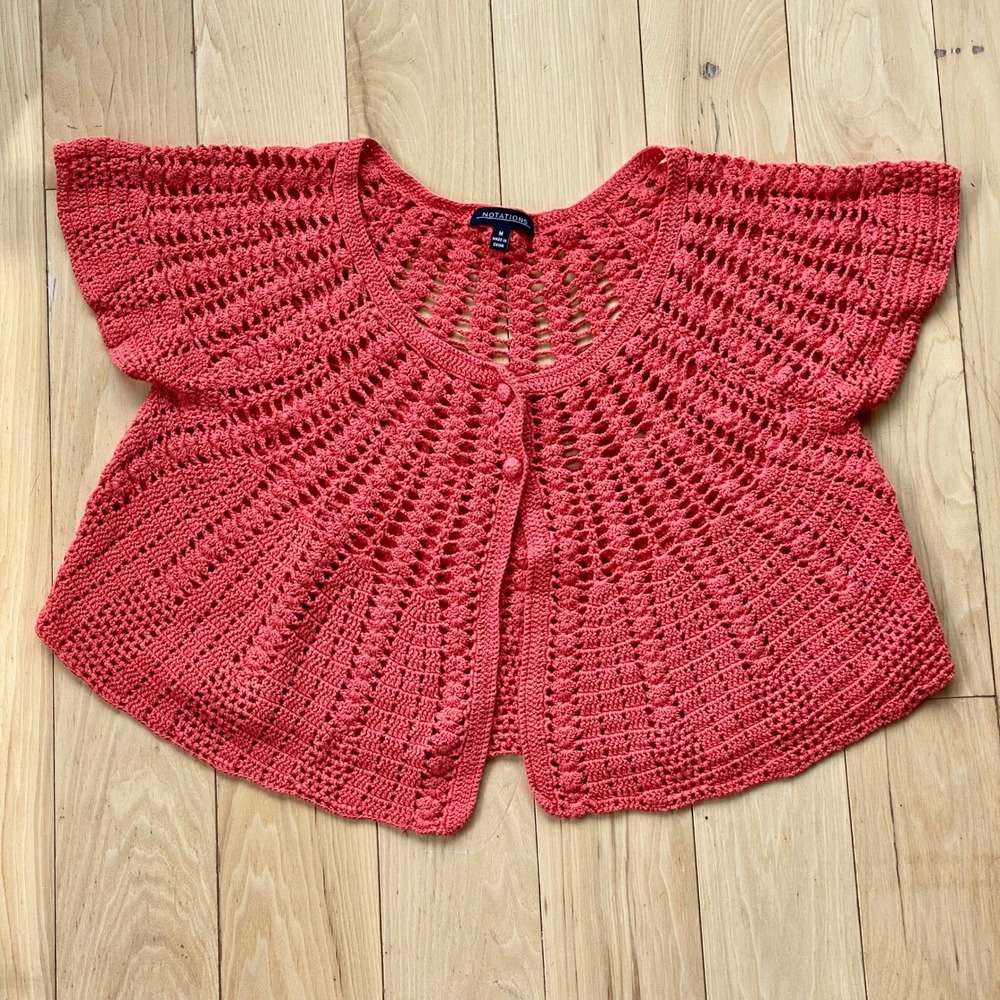Notations Bohemian Orange Crochet Cardigan Tee Coastal Whimsy Airy Knit - M